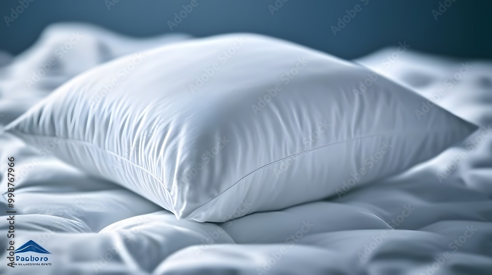 Poster A closeup photo of a neatly made bed with crisp white linens and a single pillow in a minimalist bedroom, creating a serene and simple atmosphere.