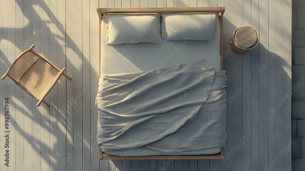 Aufkleber A birds-eye view of a clean bedroom with a minimalistic design, showing a simple wooden bed frame and a soft gray blanket, emphasizing calm and simplicity.