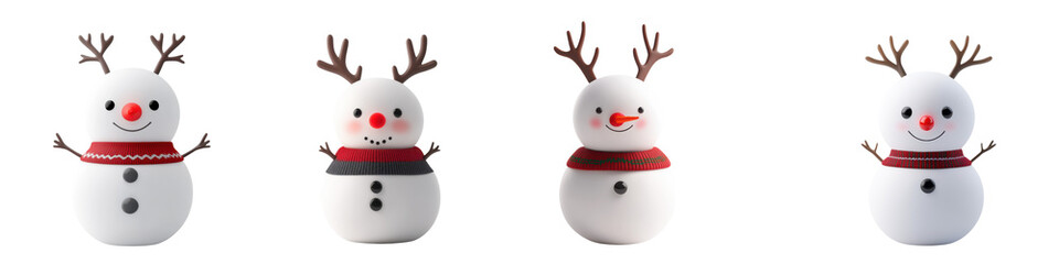 Four festive snowmen with reindeer antlers, white isolated background.