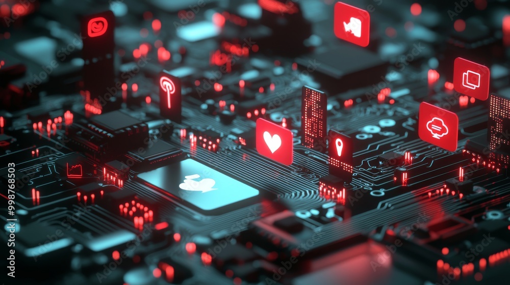 Poster a white neon image symbol sits on a microchip. data flows from the cpu to the users across a futuris