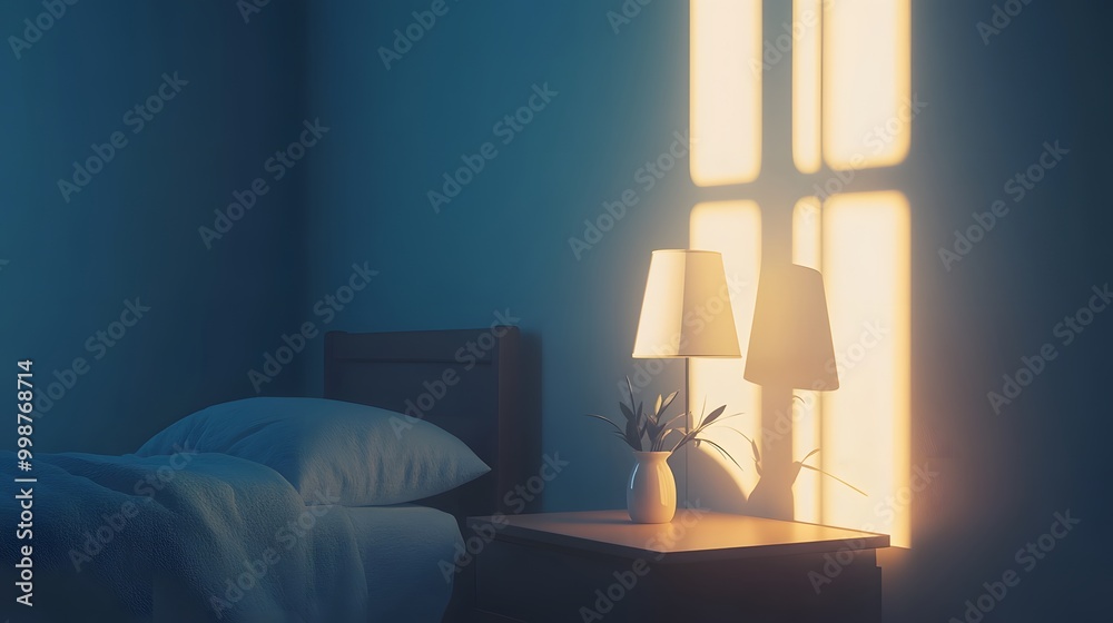 Poster A portrait photo of a minimal nightstand with a white lamp and a small vase, creating a clean and uncluttered bedroom space.
