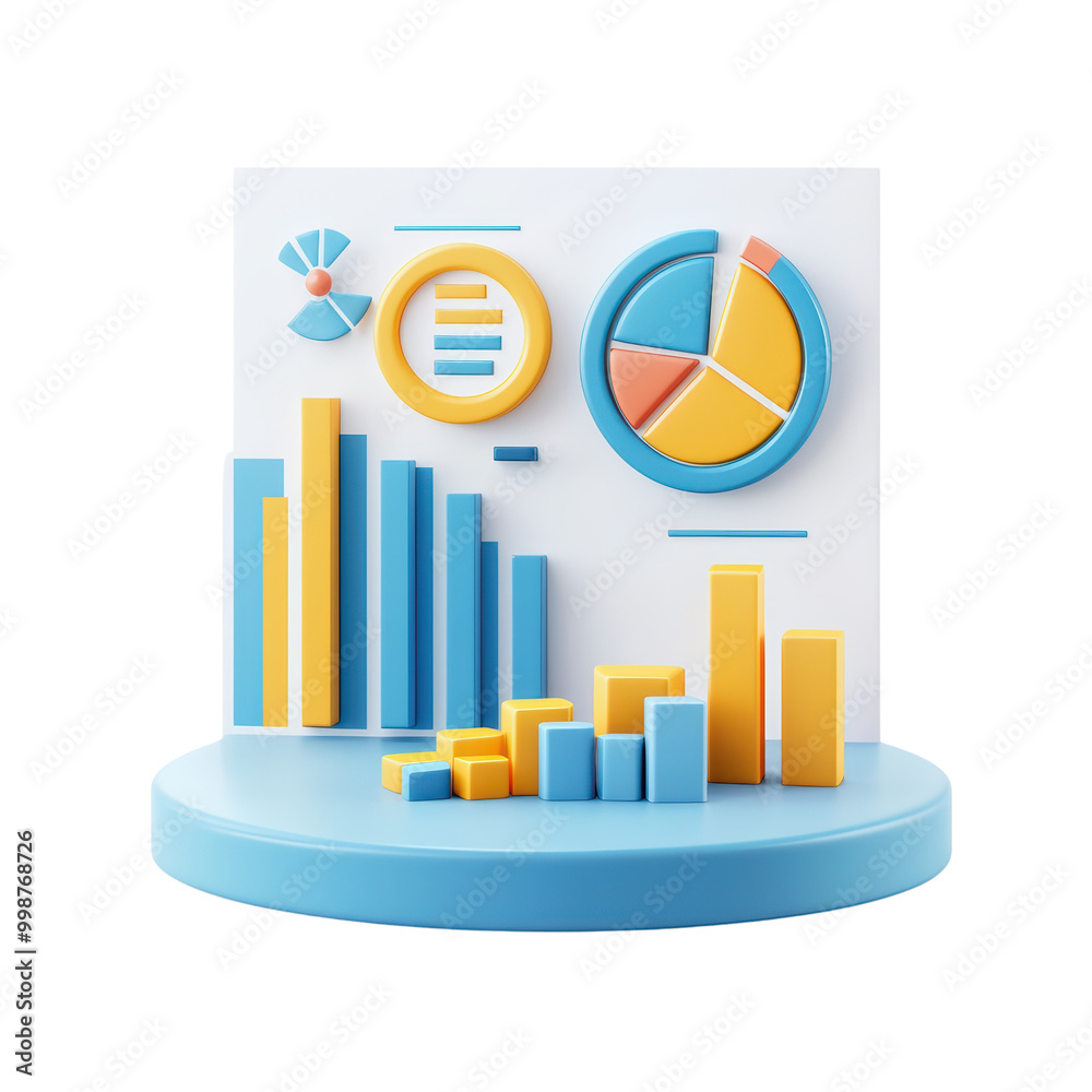 Poster 3d data visualization with colorful charts and graphs isolated on transparent background.