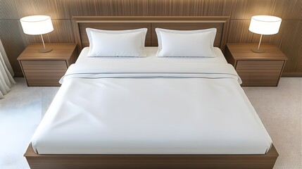 A birds-eye view of a minimalist bed with soft white bedding and a single pillow, in a clean and organized bedroom.