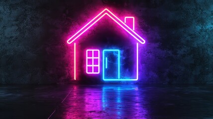 3D rendering of a pink and blue Internet Technology Concept with a neon home symbol on a black background.