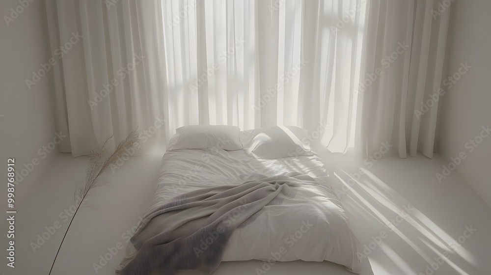 Poster A birds-eye view of a minimalist bedroom featuring a neatly made bed with a gray blanket and soft natural lighting, creating a simple and serene space.