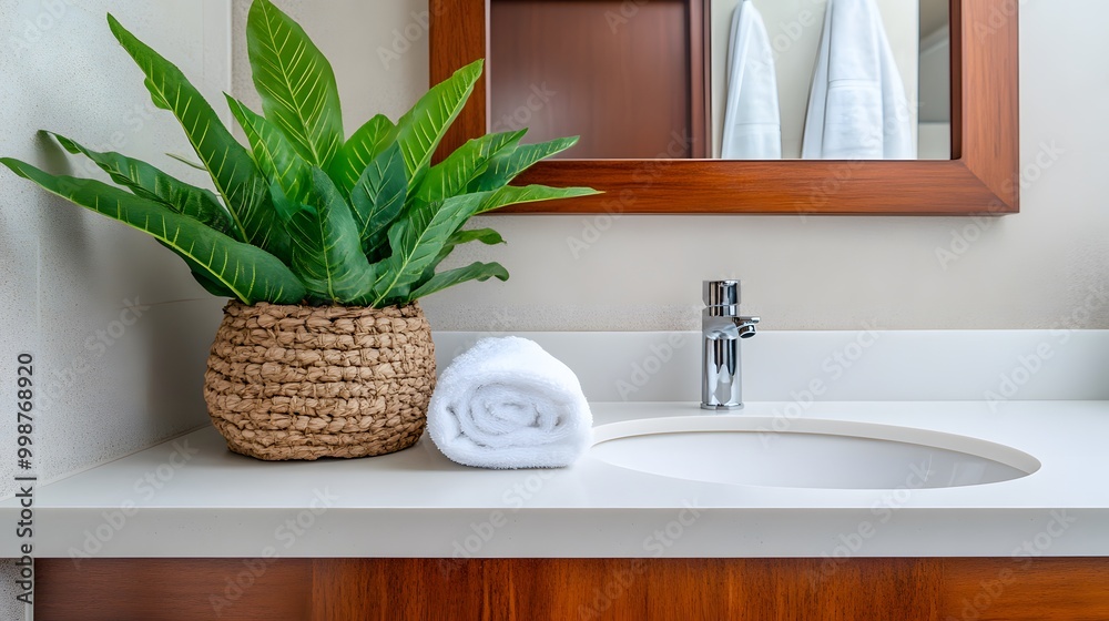 Poster A birds-eye view of a minimalist bathroom featuring a clean white countertop and a neatly folded towel, creating a serene and uncluttered space.