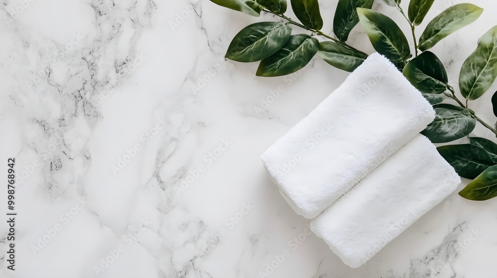 Poster A birds-eye view of a minimalist bathroom featuring a clean white countertop and a neatly folded towel, creating a serene and uncluttered space.