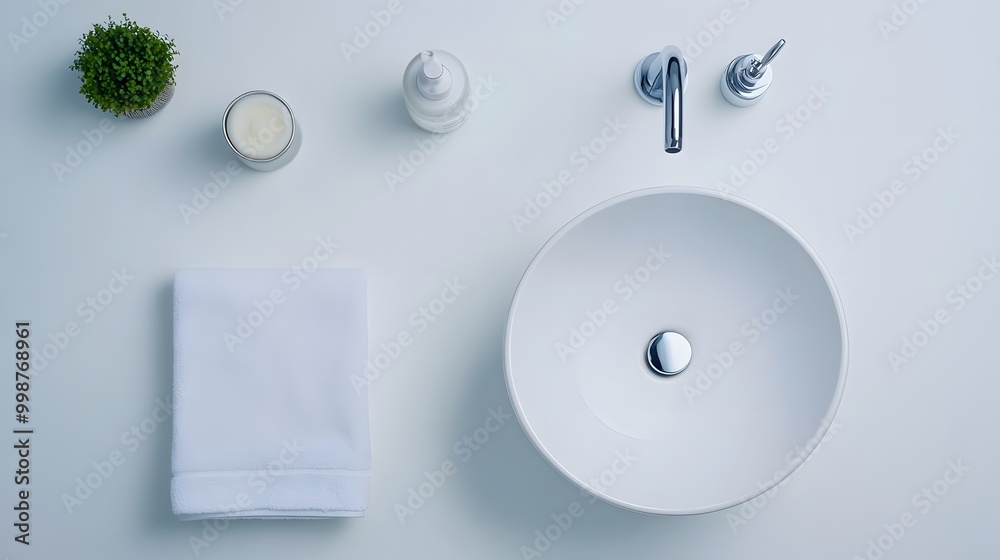 Poster A birds-eye view of a minimalist bathroom featuring a clean white countertop and a neatly folded towel, creating a serene and uncluttered space.