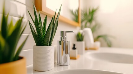 A closeup photo of a minimalist bathroom sink with a single soap dispenser and clean lines, emphasizing simplicity and function.