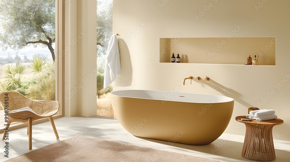 Aufkleber a portrait photo of a minimalist bathroom with neutral colors and simple decor, featuring a single t