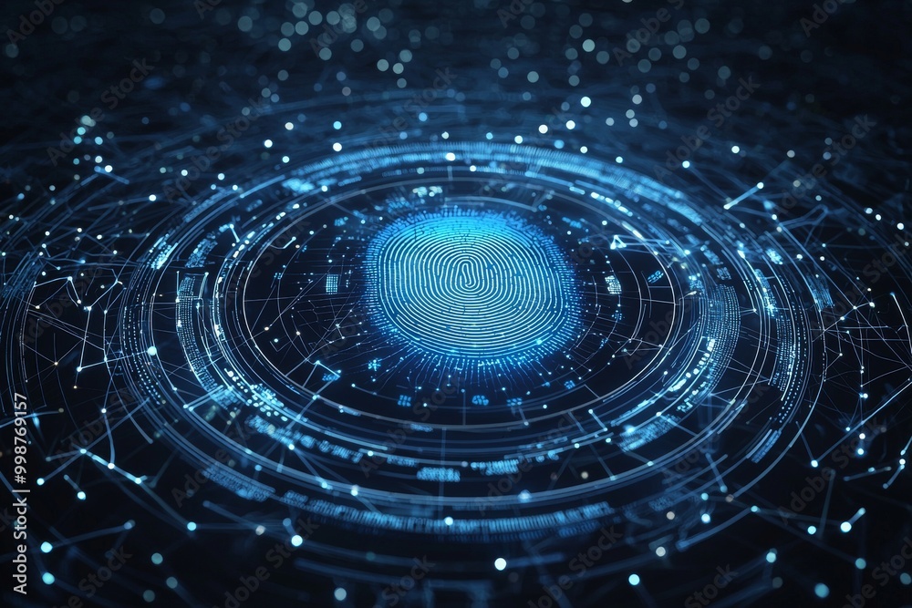 Poster this stock image shows a digital finger print scan with blue glowing lights capable of forensic data