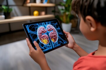 Children using AR to learn biology, holding a tablet that shows 3D models of human organs superimposed on the page of a textbook for a more interactive learning experience
