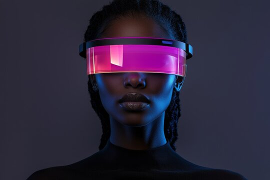 Black woman with VR headset in futuristic stock image