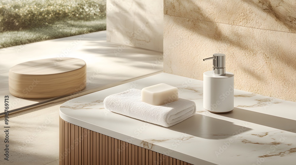 Poster A birds-eye view of a minimalist bathroom featuring a clean countertop with a soap dispenser and folded towel, creating a serene and simple space.