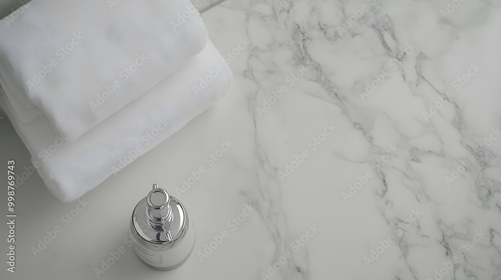 Poster A birds-eye view of a minimalist bathroom featuring a clean countertop with a soap dispenser and folded towel, creating a serene and simple space.