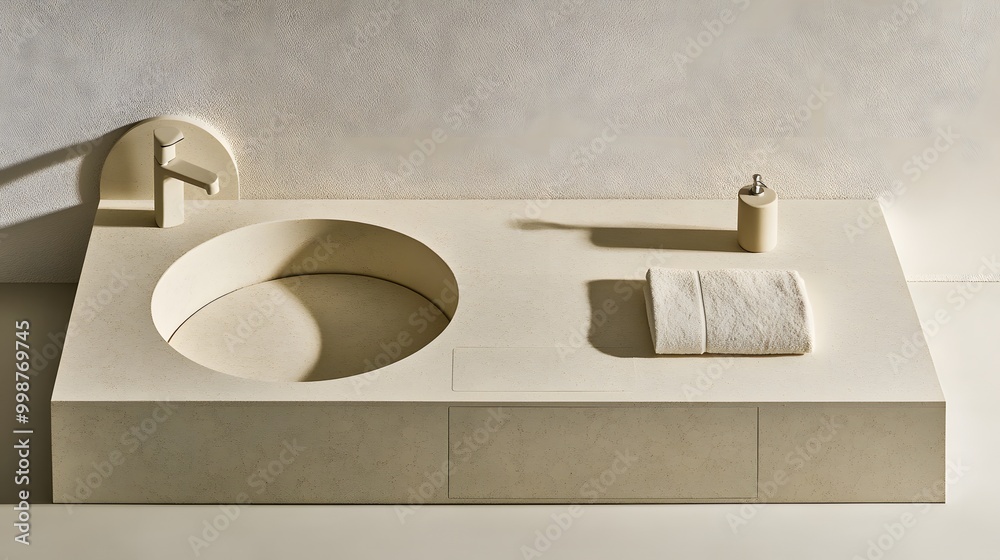 Poster A birds-eye view of a minimalist bathroom featuring a clean countertop with a soap dispenser and folded towel, creating a serene and simple space.