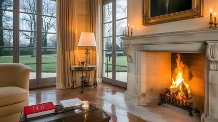 A portrait shot of a minimalist fireplace in a luxury living room, with a clean mantel adorned by a single candle and a gold-framed mirror.