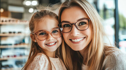Happy mother and daughter trying on glasses in optic store for sight, vision or eye care at retail shop or store. Smiling young woman and girl wearing eyeglasses. Buying spectacles in optic store