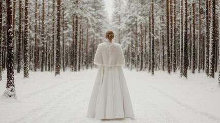 A woman in a white dress and cloak stands in a snowy forest, surrounded by tall trees, creating a serene and magical winter atmosphere.