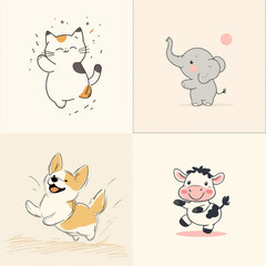 Fototapeta premium set of animals on light backdrop front view. stickers with different cute animals with different emotions. funny happy cat, elephant, dog, cow isolated on background