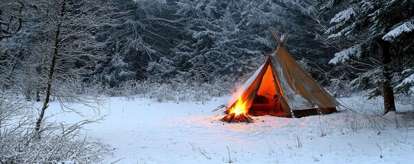 A cozy tent glows warmly amidst a snowy forest, with a crackling fire creating a peaceful winter scene.