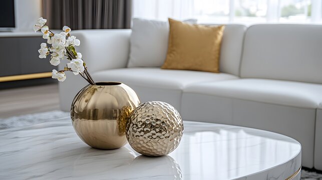 A closeup of a minimalist luxury living room with a sleek white sofa, a marble table, and gold accents, creating a serene and upscale atmosphere.