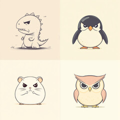 set of animals on light backdrop front view. stickers with different cute animals with different emotions.  funny angry dinosaur, penguin, hamster, owl isolated on background