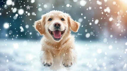 A happy golden retriever puppy plays joyfully in the snow, surrounded by falling snowflakes and a soft, wintery background.