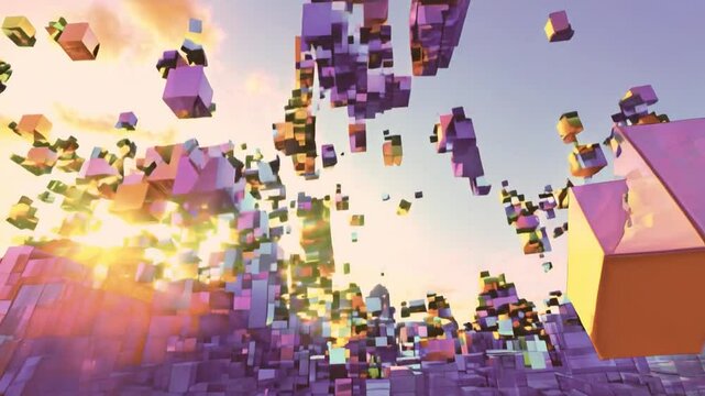 colorful flying cubes in the city