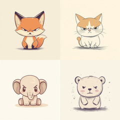 Fototapeta premium set of animals on light backdrop front view. stickers with different cute animals with different emotions. funny angry fox, cat, elephant, bear isolated on background