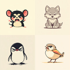 Obraz premium set of animals on light backdrop front view. stickers with different cute animals with different emotions. funny angry hamster, wolf, penguin, tit isolated on background