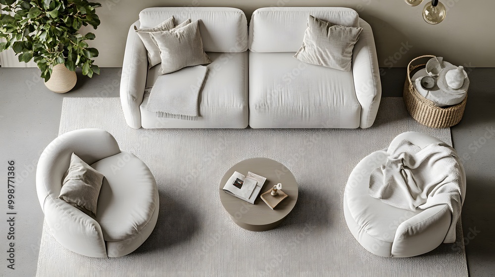 Poster a birds-eye view of a clean and modern balcony with neutral tones, featuring a minimalist seating ar