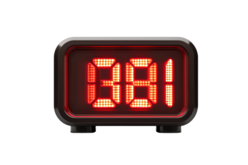 Digital alarm clock displaying red time isolated on transparent background.