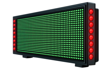 Digital display board, green lights, black frame isolated on transparent background.