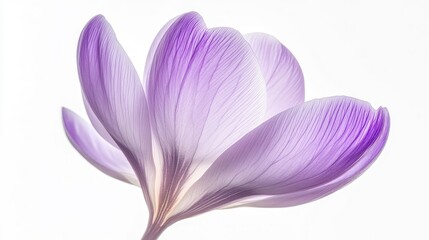 A soft lavender crocus, the petals glowing with light as it filters through against a white background