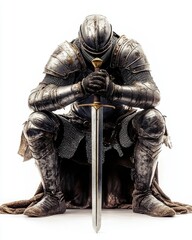 A knight in gleaming armor, kneeling with a sword planted in the ground, paying homage, isolated on white background.