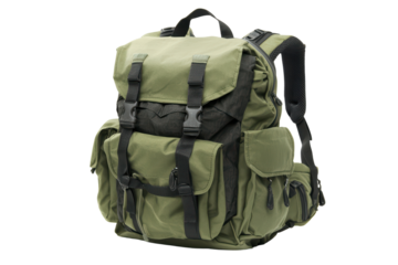Green backpack with multiple pockets isolated on transparent background.