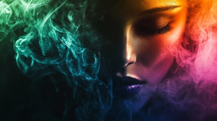 Fototapeta premium modern Art style beautiful mysterious woman colors dark black platinum Anonymous in color smoke