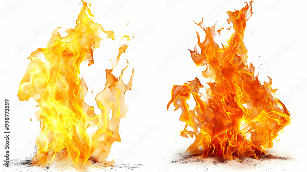 Wall mural two fiery flames dancing against a pure white background, showing the power and beauty of fire