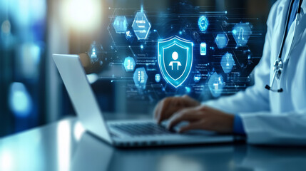 doctor using a laptop computer,Digital health and medical technology concept.  