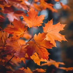 Fototapeta premium A closeup of a cluster of orange and red maple leaves arranged a blurred background of a forest , showcasing the vivid colors of autumn.
