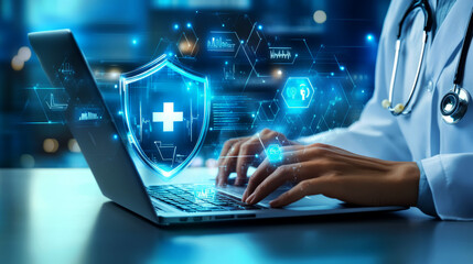 doctor using a laptop computer,Digital health and medical technology concept.  