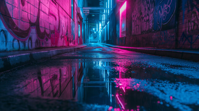 A dark empty alley with neon lights, a small puddle of water on the ground, graffiti walls, street photography, cyberpunk, neon blue and pink colors