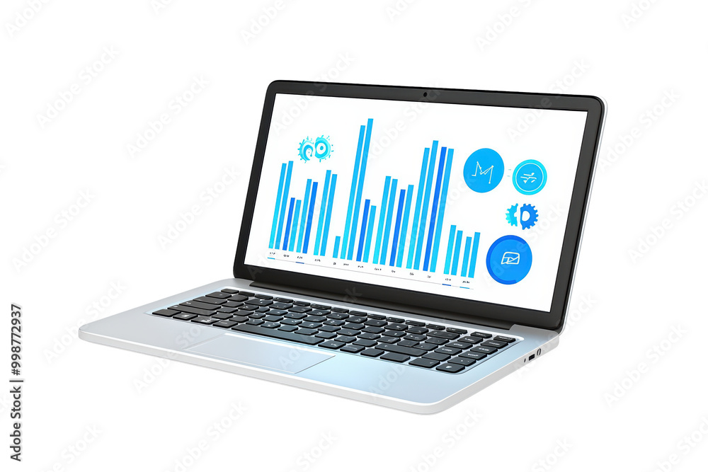 Poster laptop displaying analytics graphs isolated on transparent background.