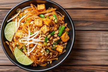 classic Pad Thai with tofu, garnished with bean sprouts, chopped peanuts, and lime wedges