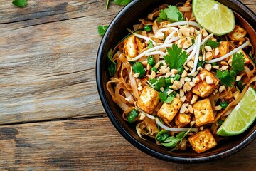 classic Pad Thai with tofu, garnished with bean sprouts, chopped peanuts, and lime wedges