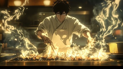 Anime Chef Grilling Food with Fiery Passion
