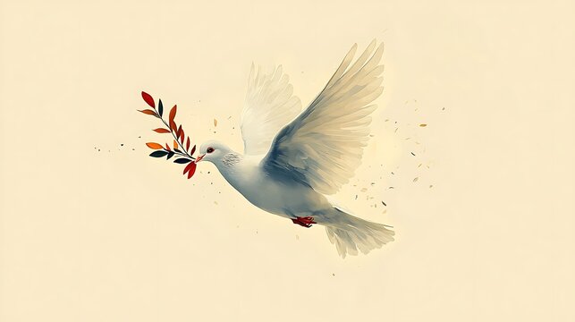 A white dove flies with an olive branch in its beak, a symbol of peace and hope.