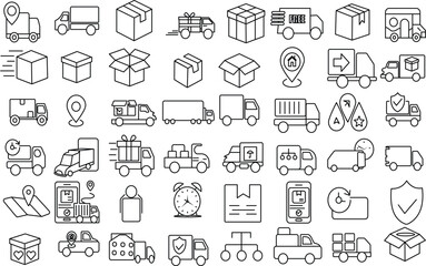 Fast Delivery Truck and Commercial Vehicle icon set. Contains- Express delivery trucks, Fast shipping Logistic trucking sign. Thin Line art editable Stroke.