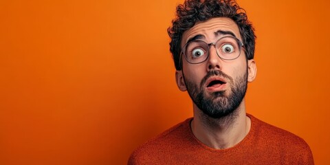 expressive portrait of perplexed man against vibrant orange backdrop dynamic composition highlighting facial features and emotions with bold color contrast 